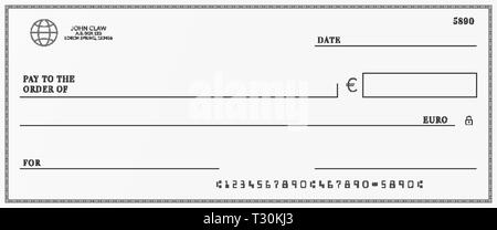 Bank check template. Checkbook page with euro currency background Stock Vector