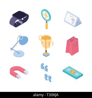 Business and finance - modern vector colorful isometric elements isolated on white background. Collection of objects, smart watch, calendar, shopping  Stock Vector