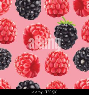 Blackberries and raspberries seamless pattern. 3d realistic vector berries. Stock Vector