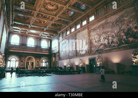 Florence, Italy - June 24, 2018: Panoramic view of interior and arts of Palazzo Vecchio (Old Palace) is the town hall of Florence Stock Photo