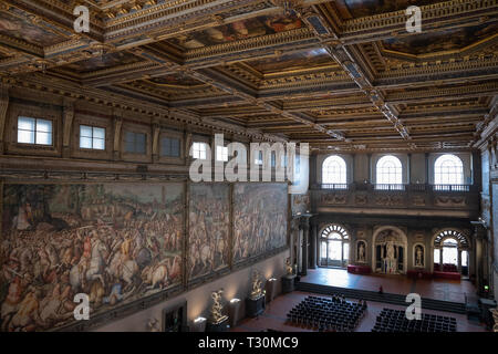 Florence, Italy - June 24, 2018: Panoramic view of interior and arts of Palazzo Vecchio (Old Palace) is the town hall of Florence Stock Photo