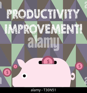 Text sign showing Productivity Improvement. Business photo showcasing process of achieving more output from hour of work Colorful Piggy Money Bank and Stock Photo