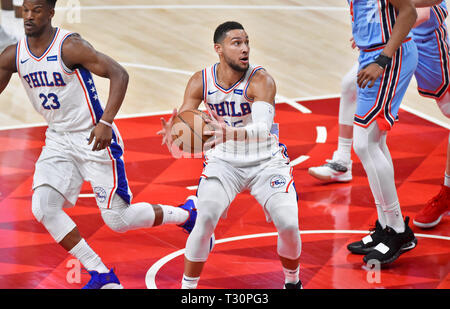 Atlanta, GA, USA. 3rd Apr, 2019. Philadelphia 76ers guard Ben Simmons comes down with a loose ball during the first quarter of a NBA basketball game against the Atlanta Hawks at State Farm Arena in Atlanta, GA. Austin McAfee/CSM/Alamy Live News Stock Photo