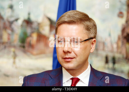 (190405) -- RIGA, April 5, 2019 (Xinhua) -- Nils Usakovs reacts during a press briefing after his dismissal from the post of Riga mayor in Riga, capital of Latvia, April 5, 2019. Latvian Environmental Protection and Regional Development Minister Juris Puce sacked Riga mayor Nils Usakovs on Friday, blaming him for a failure to prevent serious illegalities in the Latvian capital's municipal transport company. The mayor lost his job for not performing his office duties as prescribed by law and for several violations, according to the minister's decree published in the official newspaper Latvi Stock Photo