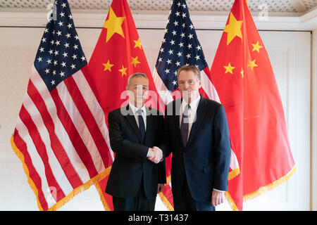 United States Trade Representative Robert Lighthizer greets Chinese Vice Premier Liu He Thursday, April 4, 2019, at The Hay-Adams in Washington, D.C  People:  Robert Lighthizer, Liu He Stock Photo