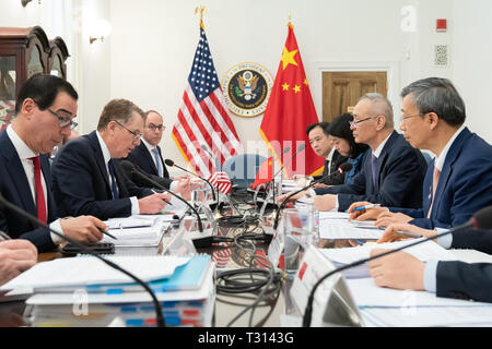 United States Trade Representative Robert Lighthizer and Secretary of the Treasury Steven Mnuchin, left, meet with Chinese Vice Premier Liu He Wednesday, April 3, 2019, during trade discussions at the USTR offices in Washington, D.C  People:  Steven Mnuchin, Liu He Stock Photo