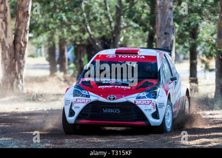 Nannup, Western Australia, Australia. 6th Apr, 2019. ARC CAMS Australian Rally Championship Round 1, day 2; The number 1 Toyota Yaris driven by Harry Bates and co-driven by John Mccarthy during the Nannup Oval stage Credit: Action Plus Sports/Alamy Live News Stock Photo