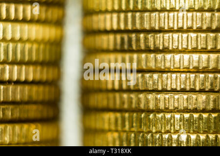 Makrofoto two stacks of coins. Front view  . A good image for a site about finance, money, collection, relationships. Stock Photo