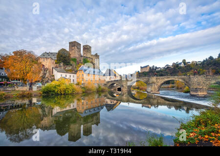 Runkel Castle and old stone bridge across the Lahn river in Runkel, Hesse, Germany Stock Photo