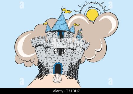 Damsel in Distress standing in a turret with ominous dark clouds covering the sun behind her Stock Vector