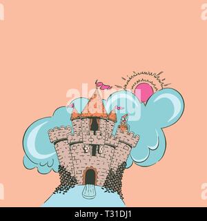 Damsel in Distress standing in a turret with ominous dark clouds covering the sun behind her Stock Vector