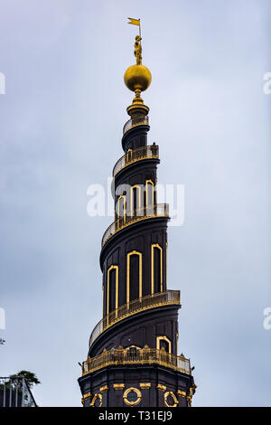 The extraordinary 1752 spire of Vor Freisers Kirke, Our Saviour's Church, in Sankt Annae Gade, Christianshavn. with its external spiral staircase. Stock Photo