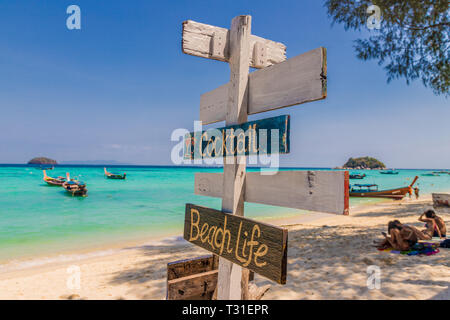 February 2019. Ko Lipe Thailand. A view of wooden signage on the beach in Ko Lipe in Ko tarutao national park in Thailand Stock Photo