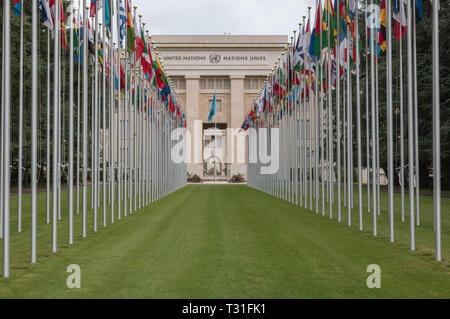 Geneva, Switzerland - July 1, 2017: National flags at the entrance in UN office at Geneva, Switzerland. The United Nations was established in Geneva i Stock Photo