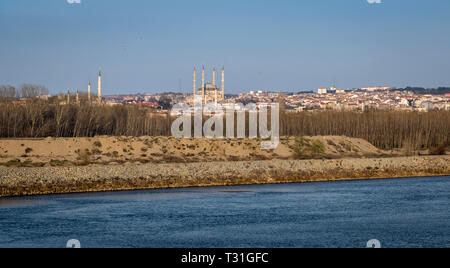 View of the city of Edirne from the banks of the river Meric. Stock Photo