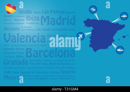 Travel Spain template vector showing the plane, car, train and ship approaching the blind Spanish map. Transparent names of Spamish landmarks are on t Stock Vector