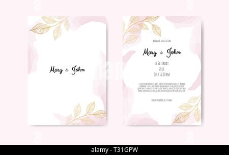 Wedding invite with abstract watercolor style decoration in light tender dusty blue color on white background. Stock Vector