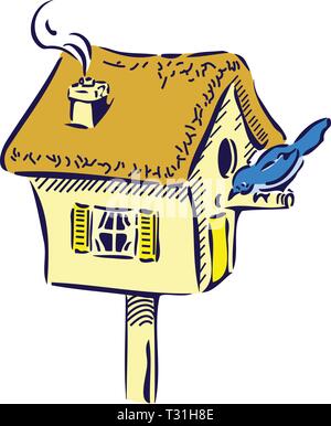 Robin sitting on a perch in front of a comfy, birdhouse home Stock Vector