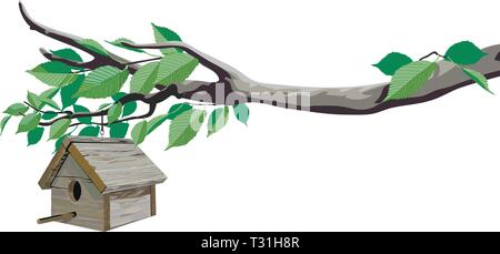 Detailed illustration of a  small birdhouse hanging from a branch Stock Vector
