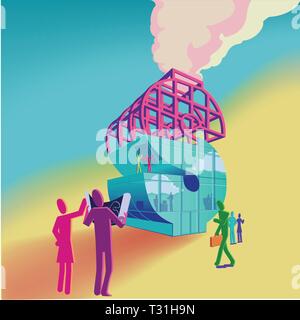 Building Dollars. Two architects with a blueprint look on at the construction ofa building in the shape of a dollar sign Stock Vector