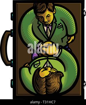 Closing a Business Deal A businessman and a business woman shaking hands forms a dollar sign in the middle of a briefcase Stock Vector