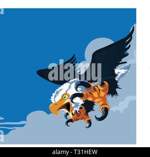 Eagle Diving down on it's prey beak wide in the form of a scream. Big round clouds and blue sky. Stock Vector