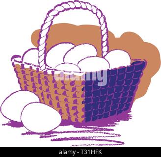 Eggs in a wicker basket sketch with 2 eggs sitting outside the basket Stock Vector