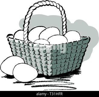 Eggs in a wicker basket sketch with 2 eggs sitting outside the basket Stock Vector