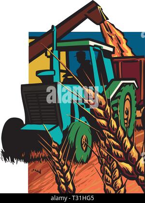 Vintage tractor, harvesting wheat grain Stock Vector