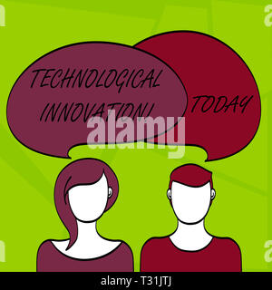 Writing note showing Technological Innovation. Business concept for comprise new products and its significant changes Faces of Male and Female Colorfu Stock Photo