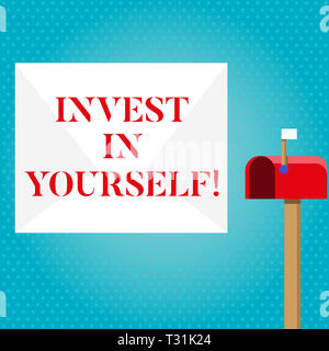 Text sign showing Invest In Yourself. Business photo showcasing learn new things or materials thus making your lot better Blank Big White Envelope and Stock Photo