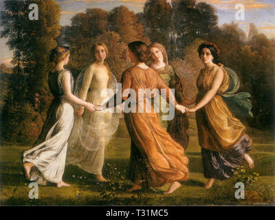 Louis Janmot Le Poeme de l'ame Rayons de soleil Rays of the Sun oil on canvas 113 x 145 Signed and at lower left Musee des Beaux-Arts, Lyon inv. 1968-169  Dansez, dansez, troupe rieuse, Avant que de ses rudes mains La douleur ne touche et ne creuse Vos fronts aujourd'hui si sereins Stock Photo