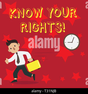 Conceptual hand writing showing Know Your Rights. Concept meaning must have knowledge about what you owe to community Man Carrying Briefcase Walking P Stock Photo