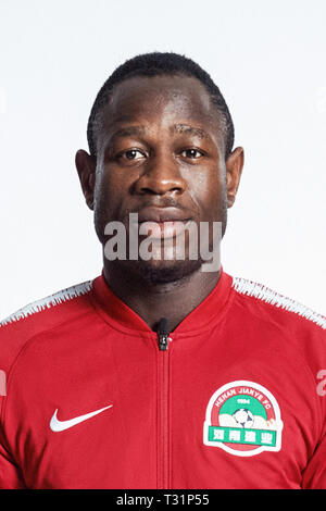 **EXCLUSIVE**Cameroonian football player Christian Bassogog of Henan Jianye F.C. poses during the filming session of official portraits for the 2019 Chinese Football Association Super League, in Foshan city, east China's Guangdong province, 19 February 2019.
