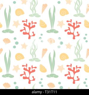 cute summer seamless vector pattern background illustration with seashells, corals and starfishes Stock Vector