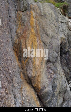 Natural Geological Background of Iron Stained Slate / Greenschist Metasedimentary Rock. Hope Cove, South Devon, UK. Stock Photo