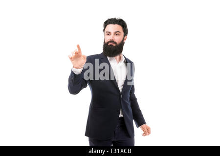 Businessman pressing an imaginary button, isolated on white background Stock Photo