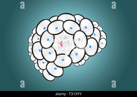 a lot of megaphones in the form of a brain on a blue background, concept think what to say