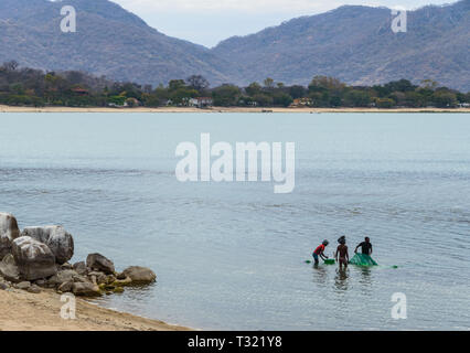 three Malawian men stand in Lake Malawi fishing with a mosquito net Stock Photo