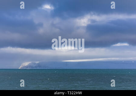 View of fjord from Ísafjörður, located along the large fjord known as Ísafjarðardjúp, in the Westfjords region of Iceland Stock Photo