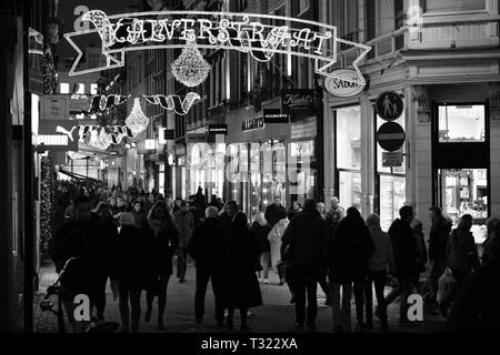 amsterdam - november 2017 shopping street in city center.black & white night shot. Stock Photo