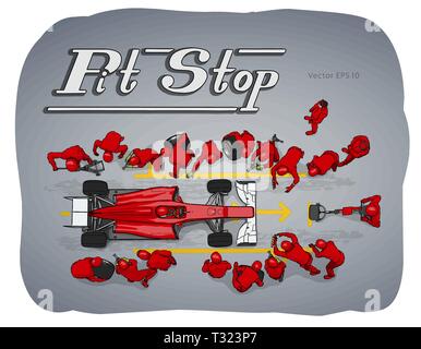 Formula race car in pit stop vector hand drawn sketch illustration Stock Vector