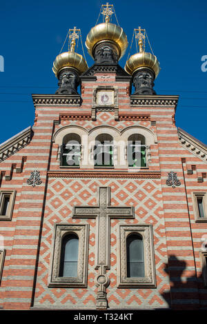 The striking Muscovite Architecture of the facade and onion domes of the Alexander Nevsky Russian Orthodox Church in  Bredgade Copenhagen Stock Photo