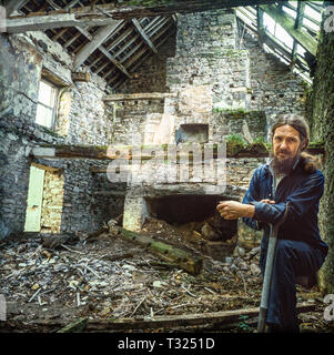 Period farmhouse ruin in the process of restoration by the owner in the Brecon Beacons, Wales in 1988. Shot on medium format  film Stock Photo