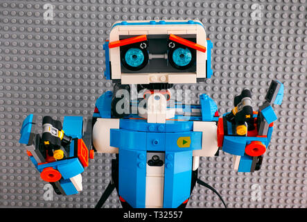 Tambov, Russian Federation - July 27, 2018 Portrait Lego BOOST robot against gray baseplate background. Stock Photo