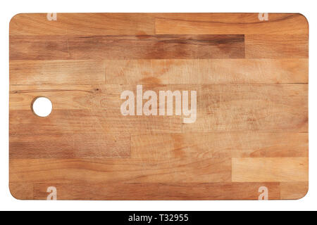 top view closeup of used wooden kitchen cutting woodboard isolated on white background Stock Photo
