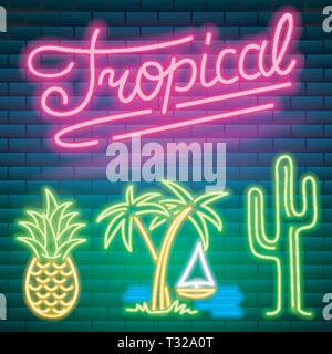 Neon signs and icons. Cactus and pineapple, tropical plants, palm trees and leaves. Set of Night bright signboard, Glowing light banner. Summer logo.  Stock Vector