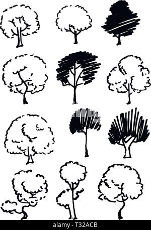 Trees sketch set, cartoon vintage illustration, ink draw engraved style, hand drawn isolates. Vector image Stock Vector