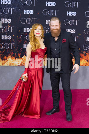 NEW YORK, NY APRIL 03: Gry Molvaer Hivju and Kristofer Hivju attend HBO 'Game of Thrones' final season premiere at Radio City Music Hall on April 03,  Stock Photo