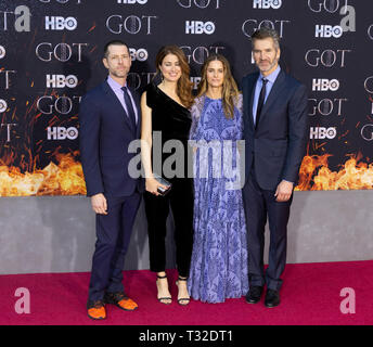 NEW YORK, NY APRIL 03: D.B. Weiss, Andrea Troyer, Amanda Peet and David Benioff attend HBO 'Game of Thrones' final season premiere at Radio City Music Stock Photo